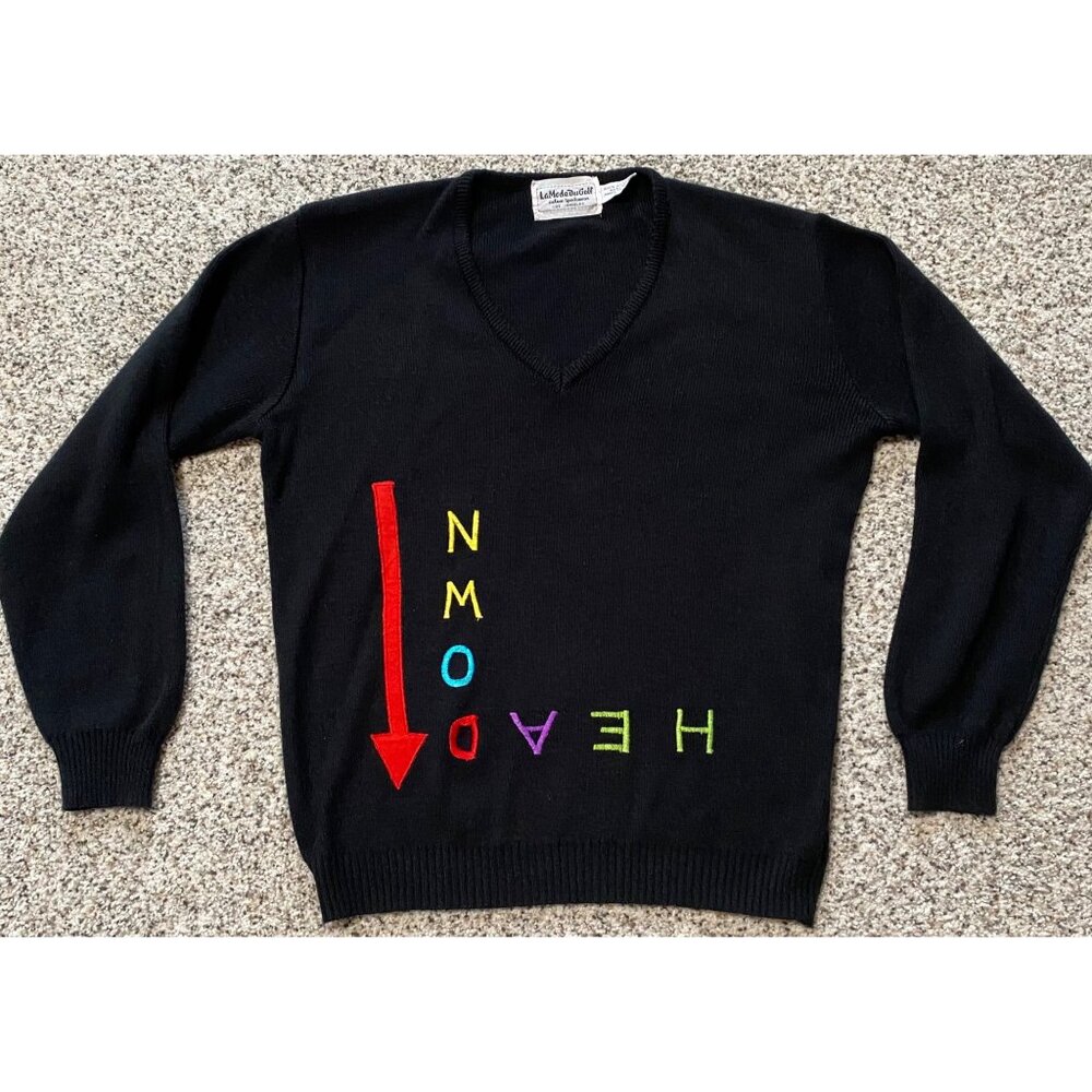 Vtg  La Mode Du Golf V Neck Black Embroidery "Head Down" Sweater Long Sleeve M